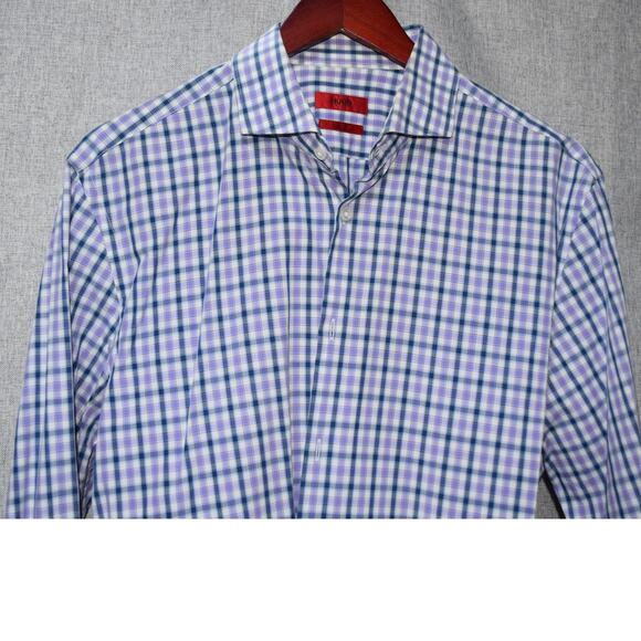 Hugo Boss Sharp Fit Purple Blue Check Button-Up Shirt Size 16.5 32/33 - Picture 2 of 3